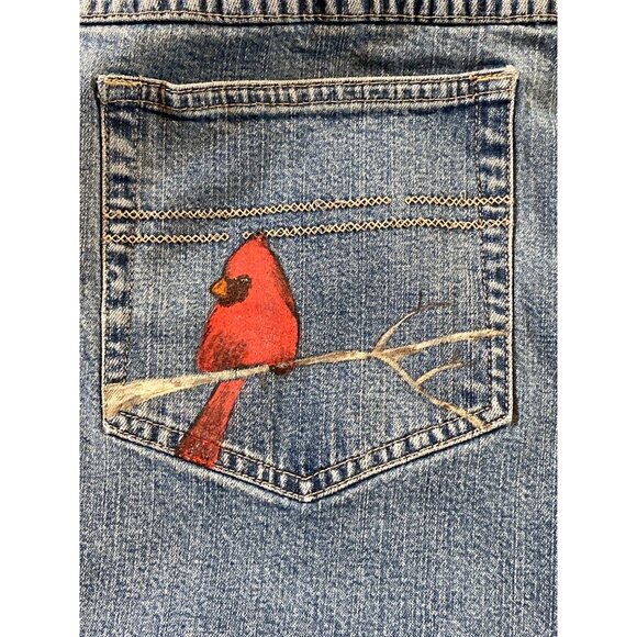 Hand Painted Cardinal  J Jill Blue Denim Jean Stretch Pant OOAK Back Left Pocket - Picture 7 of 13
